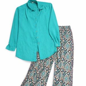 🔥Boho Turquoise Sheer Button Down & Flowy Patterned Pants Set | S/M